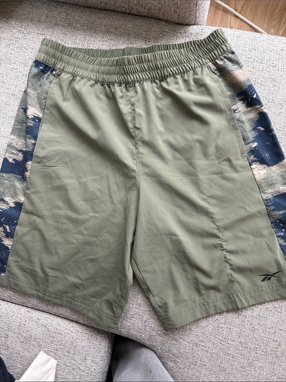 Reebok Men's Olive Green Athletic Shorts with Navy Camouflage Side Panels